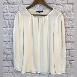 LaFayette 148 Pleated Neck Silk Blouse Top Women Size 4 White Long Sleeve
